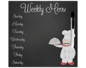 Chef dry erase menu board, weekly menu board, dinner menu board, faux chalkboard menu, fat chef decor, comes with magnet and velcro strip