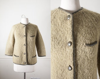 50s Italian Mohair Sweater with Leather Trim, Olive Green Cardigan Sweater, 50s Sweater, Olive Green Sweater, 50s Clothing, Retro Clothing