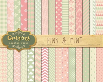 70% OFF Pink and Mint Digital Paper, baby shower digital paper pink Patterns backgrounds, scrapbook paper instant download commercial use