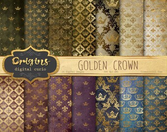 Gold Crowns Digital Paper, medieval fantasy gold foil digital backgrounds, printable scrapbook paper, heraldic golden crests, royal patterns