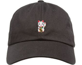 Premium Unstructured Japanese Lucky Cat Low Profile Dad Hat Maneki Neko Adjustable W/ Brass Closure Patch