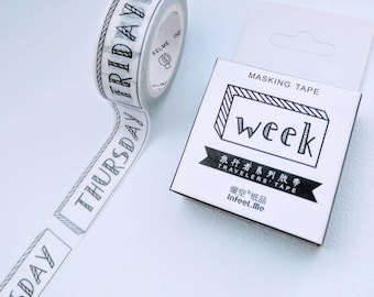 Days of the Week washi tape - 15mm wide x 7m long - Cardmaking, gift wrapping, wedding favours, DIY craft projects