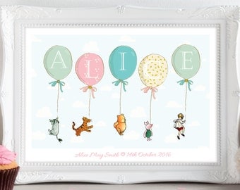 A4 Personalised Winnie the Pooh, Eeyore, Piglet Balloon Print Picture Christening Birthday Gift Present for Baby Nursery Wall Art Unframed.