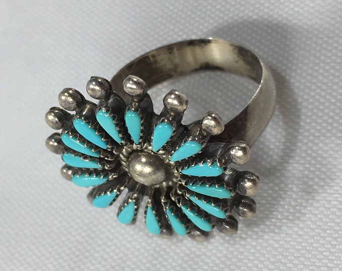 Storewide 25% Off SALE Vintage Sterling Silver Needle Point Tribal Style Turquoise Ring Featuring Elegant Floral Inspired Designs