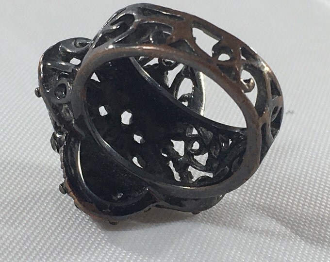 Storewide 25% Off SALE Vintage Black Filigree Rhinestone Designer Cocktail Ring Featuring Clear & Black Stone Accents