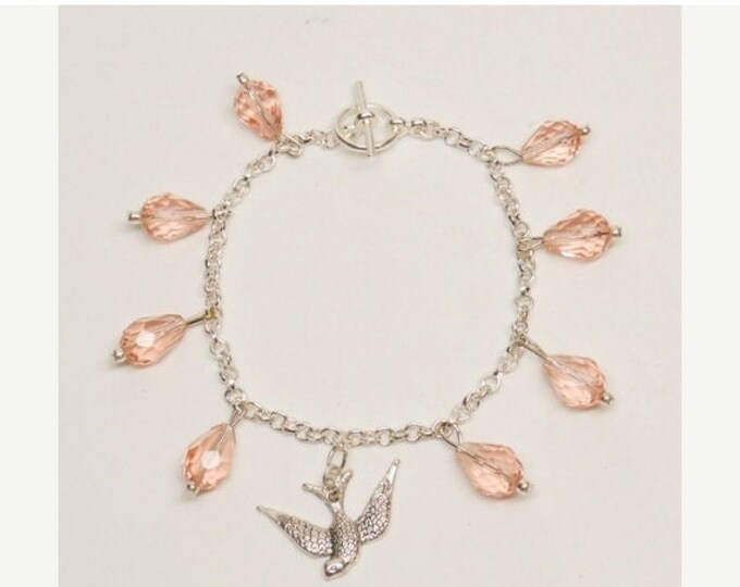 Storewide 25% Off SALE Vintage Delicately Designed Artisan Bracelet with Iconic Genuine Pink Swarovski Crystal Teardrop Beads and In Flight