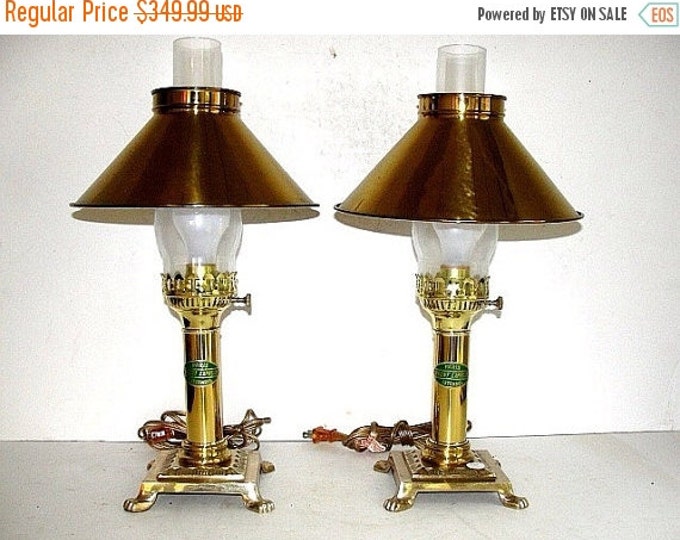 Storewide 25% Off SALE Vintage Paris Orient Express Matching Claw Foot Designer Brass Table Lamps Featuring Brass Lampshades And Original Ta