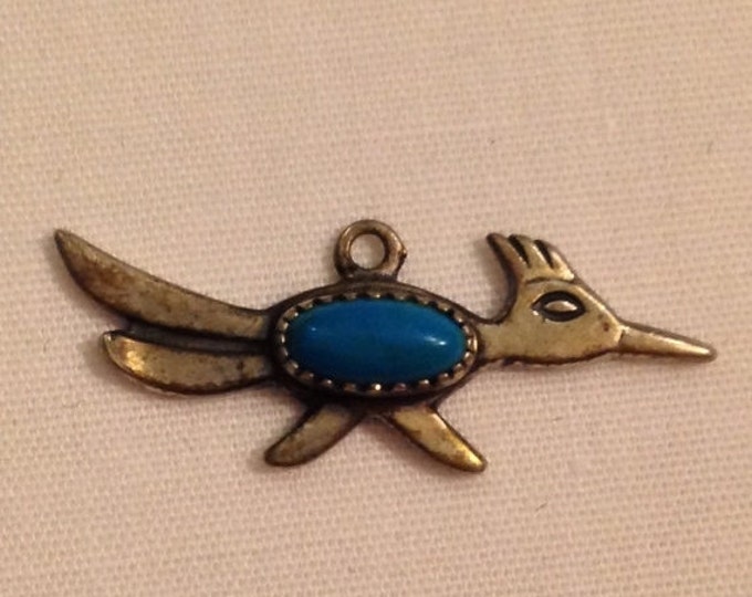 Storewide 25% Off SALE Vintage Sterling Silver Roadrunner Designer Pendant Featuring Rounded Turquoise Stone Center With Textured Finish
