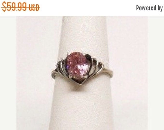 Storewide 25% Off SALE Beautiful Vintage Silver Tone Faceted Rose Pink Featured Cocktail Ring With Layered Crescent Trim Design