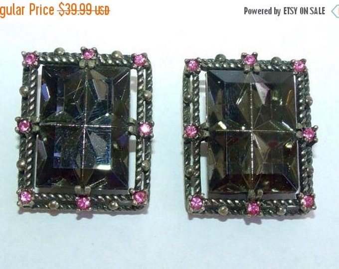 Storewide 25% Off SALE Beautiful Vintage Large Rectangular Clip Earrings Set With Smokey Grey Center Cut Stones Featuring Beautiful Pink Acc