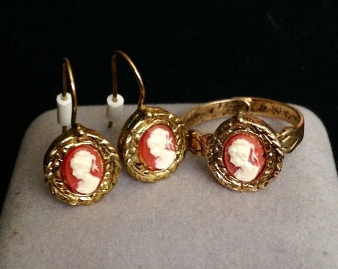 Storewide 25% Off SALE Vintage Gold Tone Rose Designer Pierced Cameo Earrings With Matching Adjustable Cocktail Ring Featuring Petite Profil
