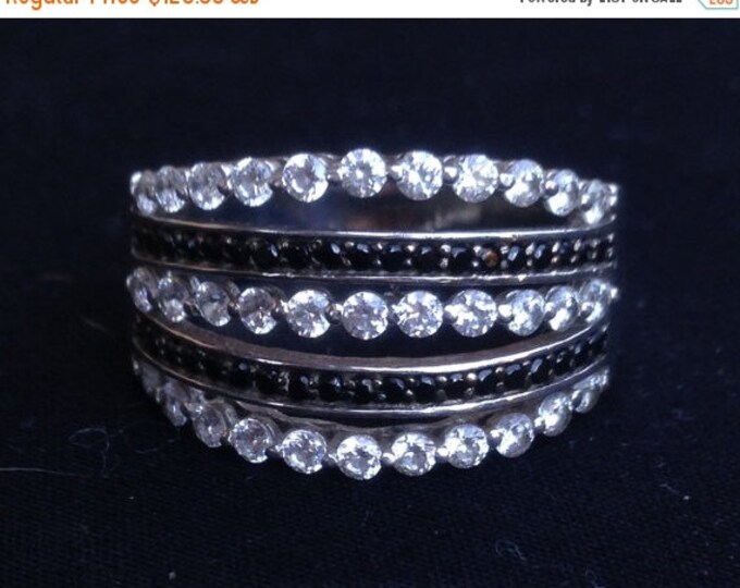 Storewide 25% Off SALE Vintage Sterling Silver Faceted Black & Clear Channel Set Designer Cocktail Ring Featuring Alternating Open Design