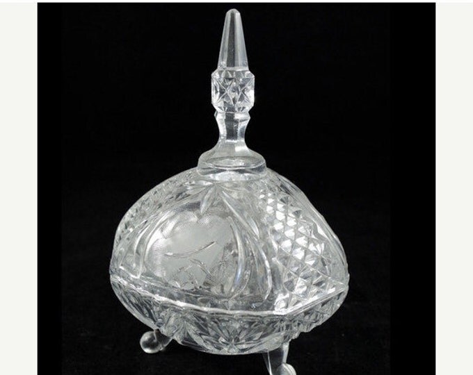 Storewide 25% Off SALE Vintage Clear Leaded Crystal Cut Footed Candy Dish Featuring Etched Patterned Design And Church Steeple Handle