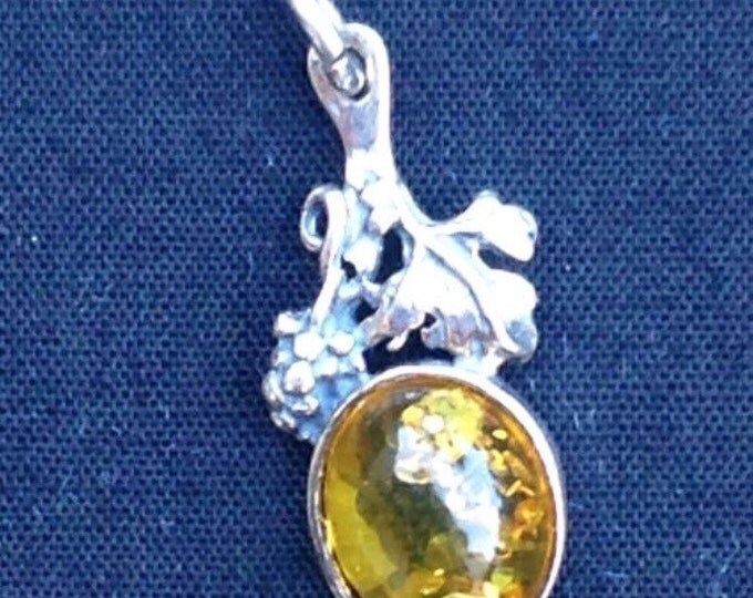 Storewide 25% Off SALE Vintage Sterling Silver California Wine Country Grapevine Designer Necklace Charm Featuring Citrine Cabochon Stone