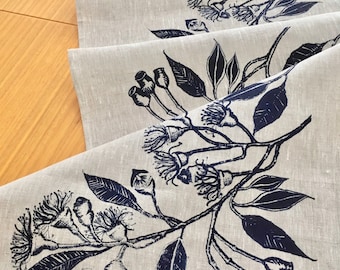 Linen table runner, Screen printed linen table runner, Hand printed table runner, Australian eucalypt, Indigo/Navy on flax linen