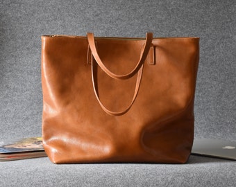 Large Top Zip Brown Leather Tote - LEA Handmade Camel Brown Leather Tote Bag