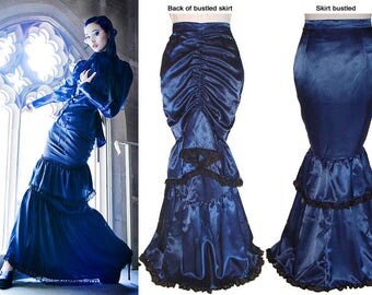 Dark Blue Satin Single Bustle Skirt - Ready To Ship
