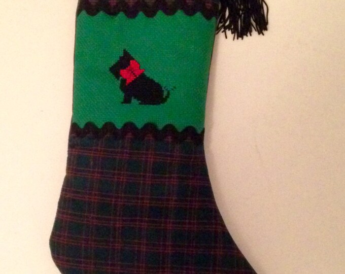 HALF PRICE ** Scottie Traditional Vintage-style Quilted Patchwork Christmas Stocking. Green Tartan Plaid accented with Cross Stitch Scottie