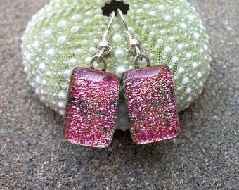 Pink Dichroic Glass Dangle Earrings