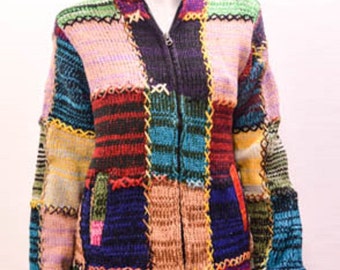 Boho Gypsy Hippie Patchwork Knit Stitch Detail Hooded Cardigan Two Tone Multi