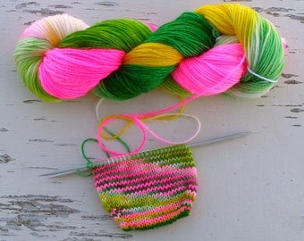 Spring colors sock yarn, Self striping hand dyed yarn, Nylon sock yarn, DK 8 ply yarn