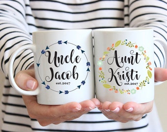 Aunt and Uncle Mugs, New Aunt Coffee Mug, New Uncle Coffee Mug, Floral Wreath, Tribal Arrows, Pregnancy Reveal Mugs