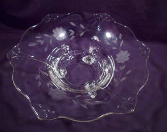 Indiana Glass Double Floral etched # 607 Vintage Etched Glass Footed Fruit Bowl