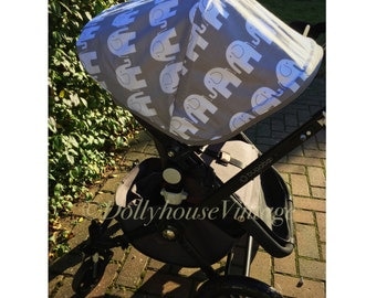 Custom hood canopy for Bugaboo Cameleon 1,2 & 3 elephant print grey white