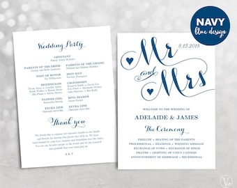 Navy Blue Wedding Program, Printable Wedding Program Template, DIY Wedding Programs, INSTANT DOWNLOAD, Editable Text, Mr Mrs VW05