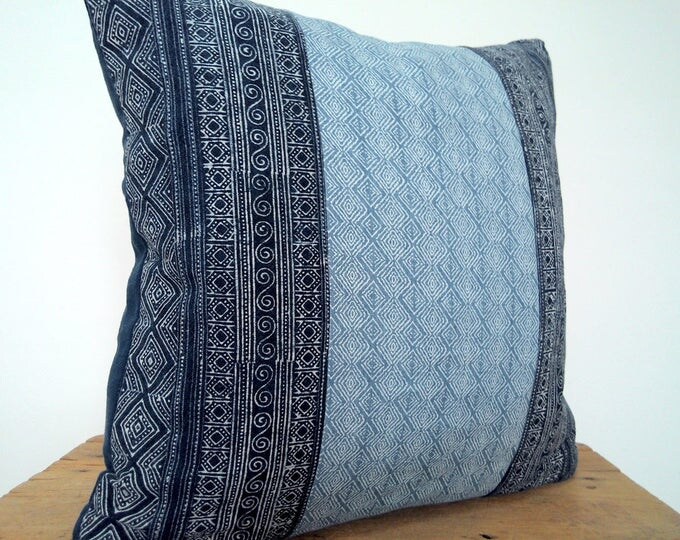 Blue Diamonds and Hmong Indigo Handspun Batik Pillow Cover, Boho Ethnic Cotton Textile Pillow, Hill Tribe Batik 20" x 20" Pillow Cover