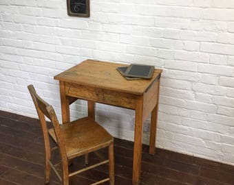 Industrial Vintage Wooden School Desk and Chair Set