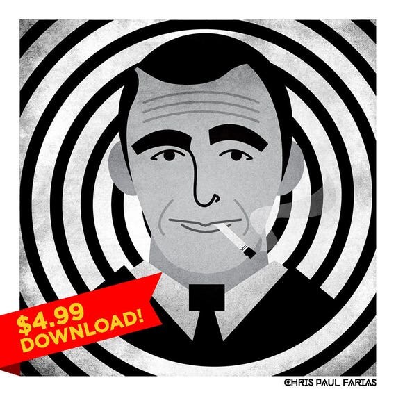 Twilight Zone Rod Serling Illustration Print 8x8 Black