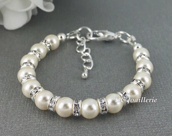 Flower Girl Bracelet, Cream Pearl Bracelet, Swarovski Bracelet, Flower Girl Jewelry, Bridesmaids Gift, Available in White or Cream