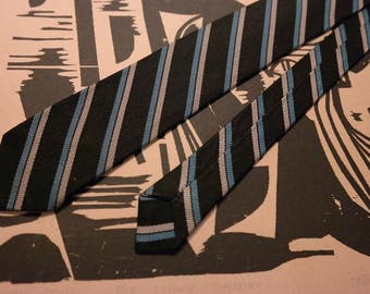 1960s Silk Neck Tie -Black and Blue Stripe-Rockabilly Fashion or Classic Mad Men Style