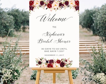 Printable All Purpose Welcome Sign Templates, Burgundy Floral Wedding Bridal Shower Baby Shower Poster 24x36 18x24 DIY Instant Download #101