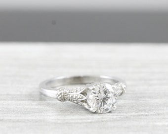 White sapphire engagement ring art nouveau 1900's inspired band 14k unique ring for her
