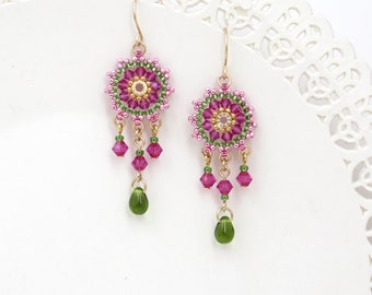 Boho earring, Wife gift, Romantic earrings, Colorful earrings, Bright earring, Chandelier earring, Beaded dangle earrings, Pink gold earring
