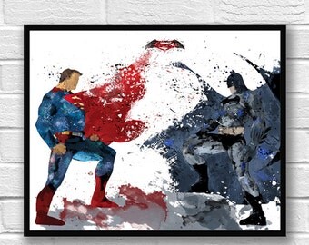 Batman vs Superman Watercolor Print, Batman Art, Superman Art, Movie Poster, Superhero Print, Home Decor, Kids Room Decor - 271