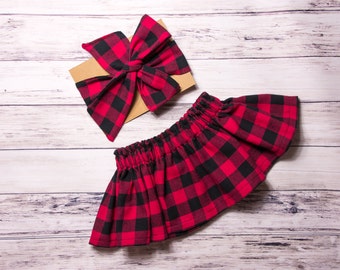 Buffalo Plaid Skirt and Head wrap Set- red buffalo plaid head wrap, Christmas baby skirt, plaid skirt