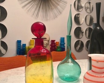 Vintage Mid Century Modern Blenko Art Glass Decanter with Ball Stopper Wayne Husted Design in Amberina or Tangerine Color 13.25"