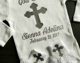 Custom Text Colors/Wording, Christening Baptism Bib, God Bless Bib + Onsie, Personalized Baptism onesie outfit, Custom Christening bodysuit