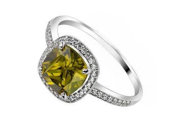 Peridot Engagement Ring Peridot Ring Princess Cut Engagement Ring Peridot Promise Ring Halo Ring Peridot Wedding Ring Square Ring CZ Ring