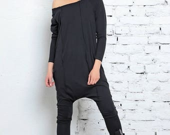 Black Jumpsuit, Off Shoulder Top, Harem Jumpsuit, Black Overall, Cotton Jumpsuit, One Piece Romper, Goth Style, Black Jumper, Baggy Pants