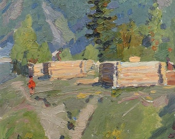 VINTAGE MOUNTAIN LANDSCAPE, Original oil painting by M.Borymchuk 1960's, Summer, Rural Landscape, Soviet Ukrainian artist, Impressionist art