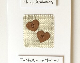 3rd Wedding Anniversary Card 4th Wedding Anniversary Card Leather Hearts Hand Stamped Personalised Initials Linen Husband Wife Him Her