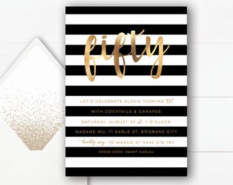 50th Birthday Invitation | Black and Gold Invitation | Digital Invitations | Fifty and Fabulous