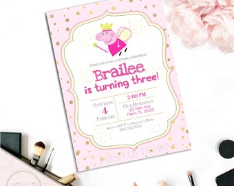 Peppa Pig Invitation, Peppa Pig Birthday Invitation, Peppa Pig, Pink and Gold Peppa Pig, Birthday Invitation, Fairy Peppa Pig,