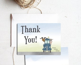 Little Blue Truck Thank You Note Card - 5x7 Personalized Birthday Party Thank You Card FREE SHIPPING