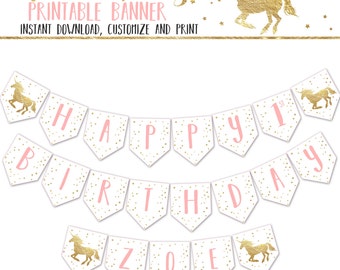 Editable/Printable Unicorn Party Banner, Unicorn Birthday Banner, Pink and Gold Unicorn Happy Birthday Banner PDF INSTANT DOWNLOAD