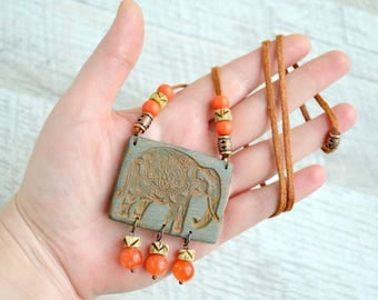 Elephant necklace statement Unusual Long Boho pendant Dangle Indian pendant Elephant ethnic pendant with quartz beads Unique jewelry